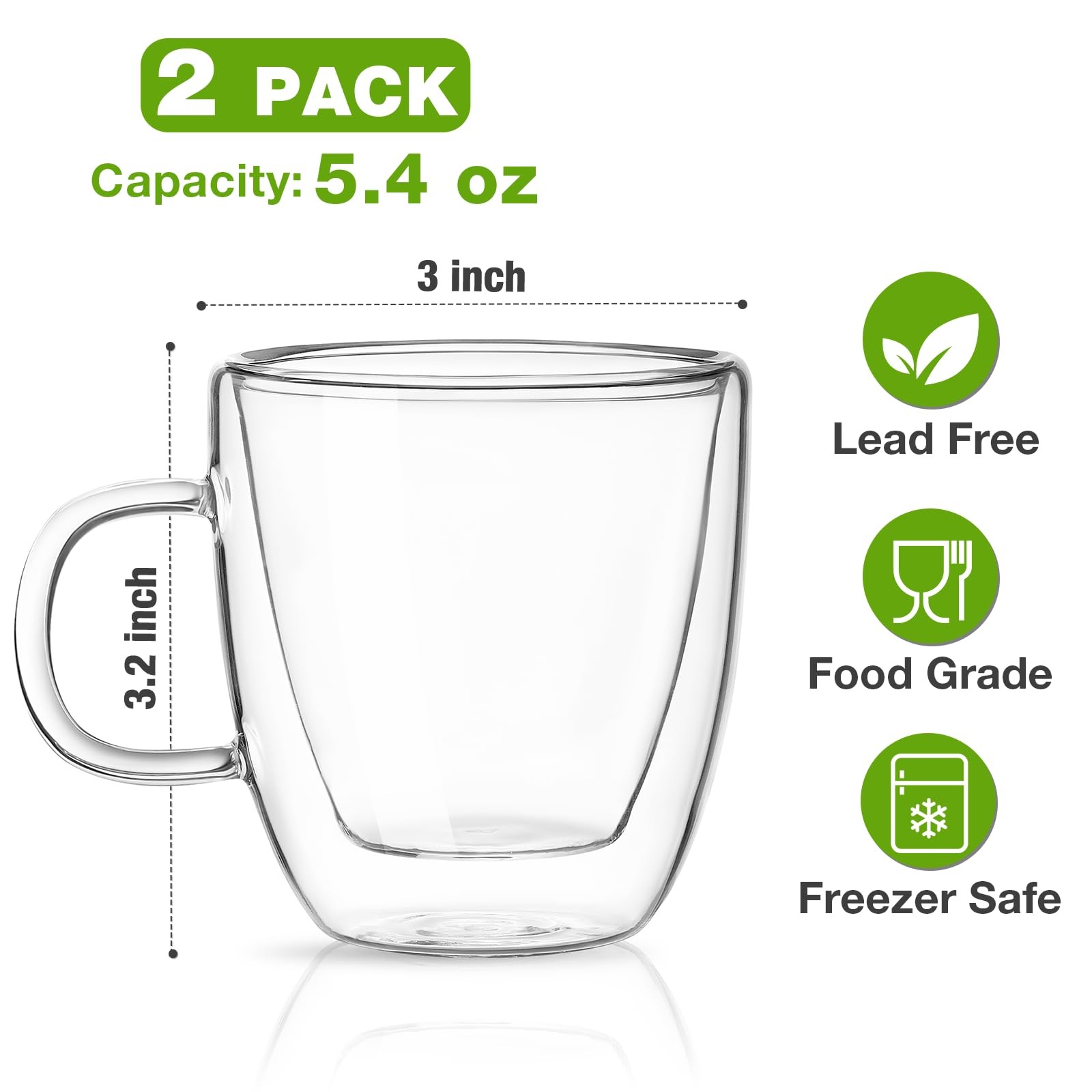 Mfacoy Glass Double Wall Insulated Espresso Cups (Set of 2), 5.4 oz Shots Cup wi