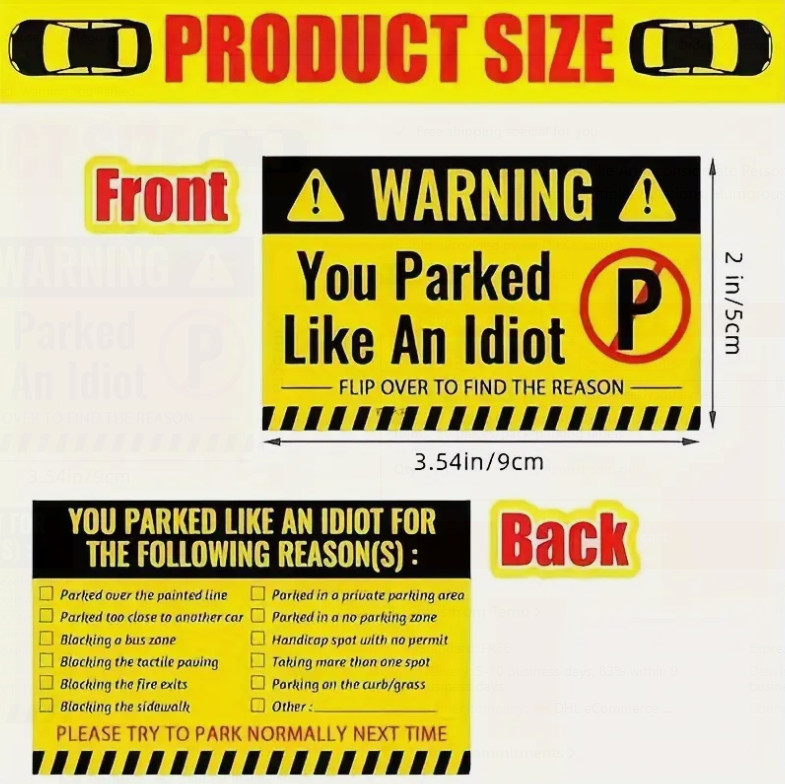 20pcs Bad Parking Cards You Parked Like An Idiot 3.5″ x 2″ Inches Violation