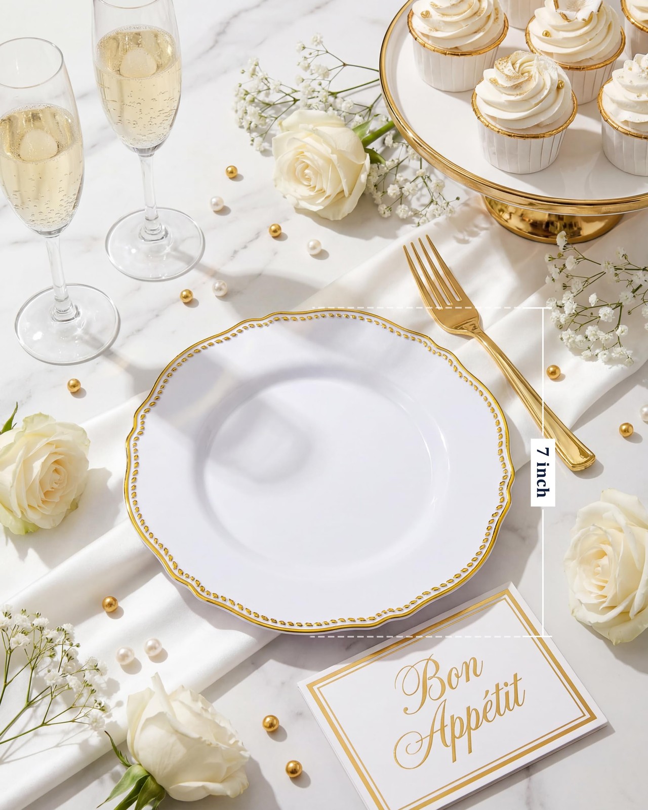 60pcs Gold Plastic Plates – White and Gold Disposable Dinnerware with Gold Ri…
