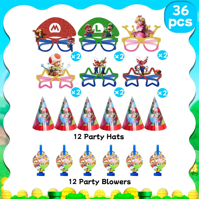 36Pcs Super Mario Party Decoration Mario Party Favors Kids Game Gift Photo Props