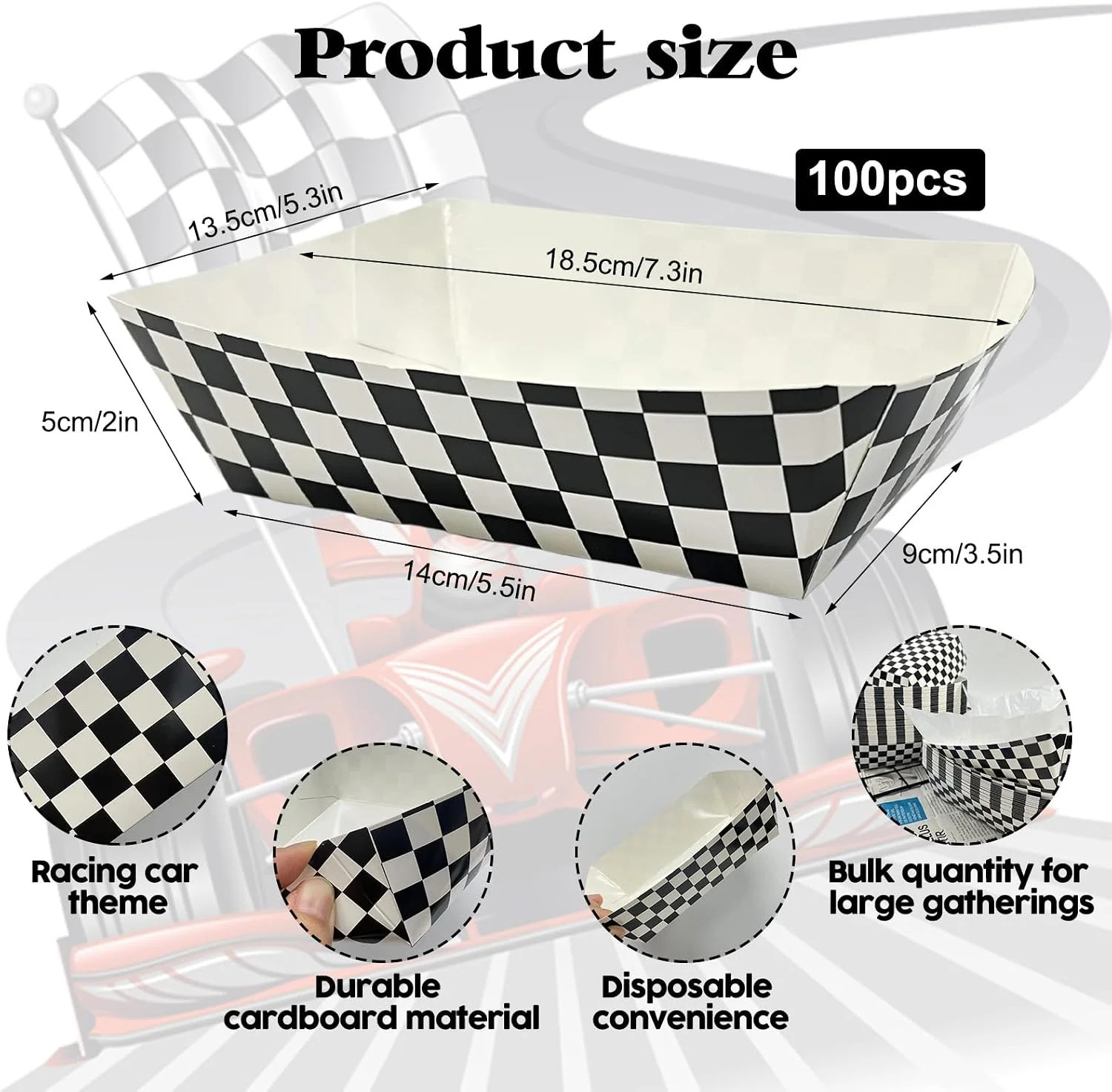 100 Pcs Checkered Race Car Paper Food Trays with 100 Deli Liner, Disposable Pape