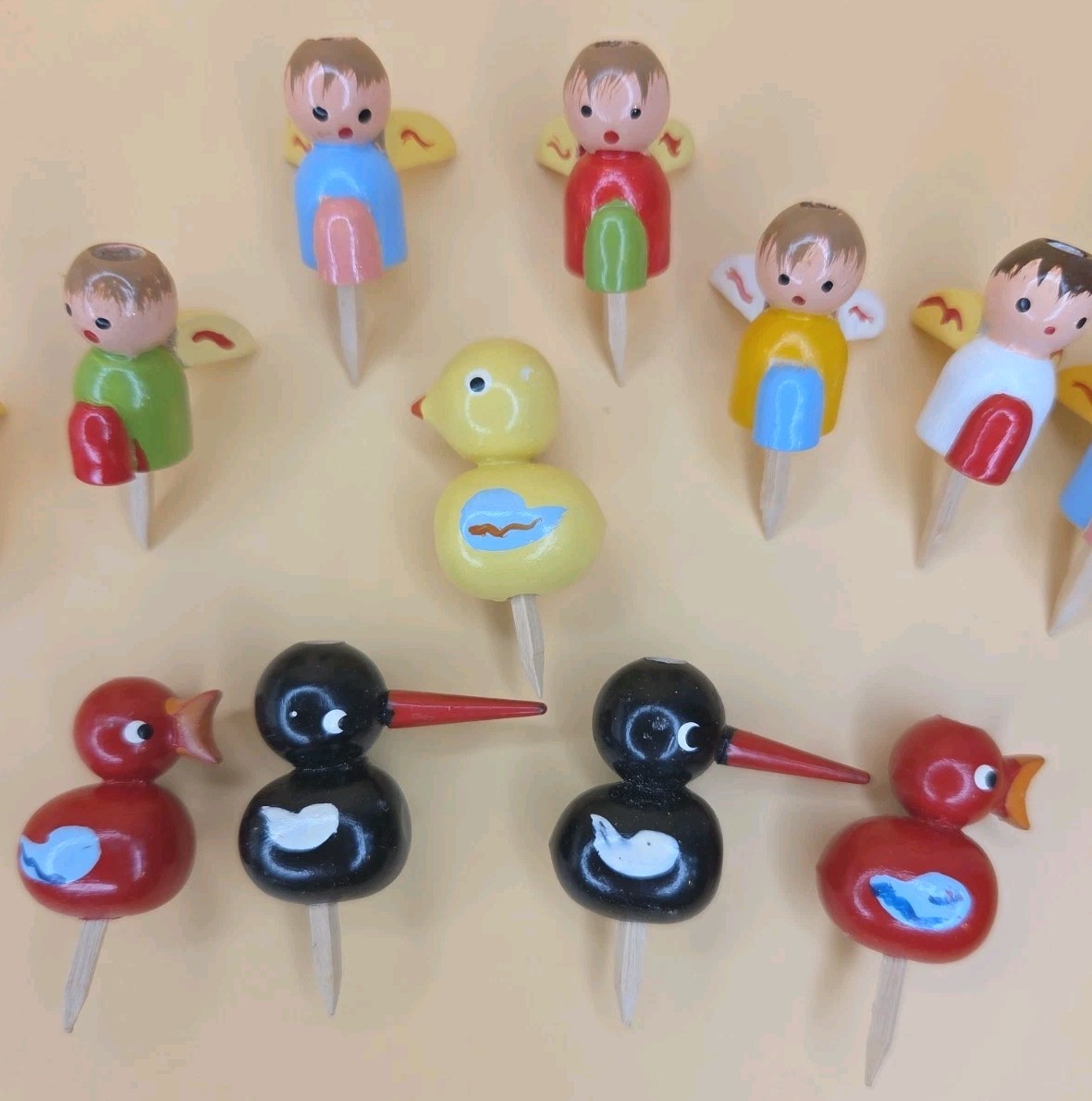 Vintage Lot Of 12 Wooden Italy Cake Topper Picks Angels And Birds