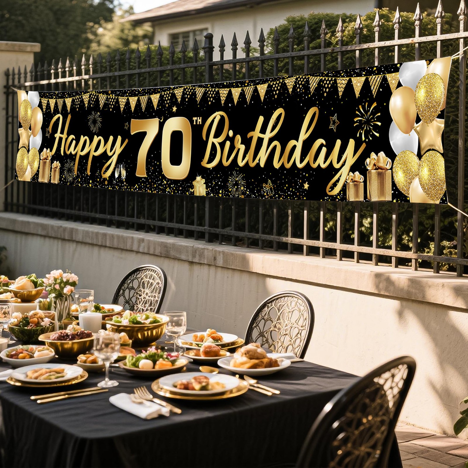 70th Birthday Decorations for Men Women – Happy 118×20 inches, Black Gold