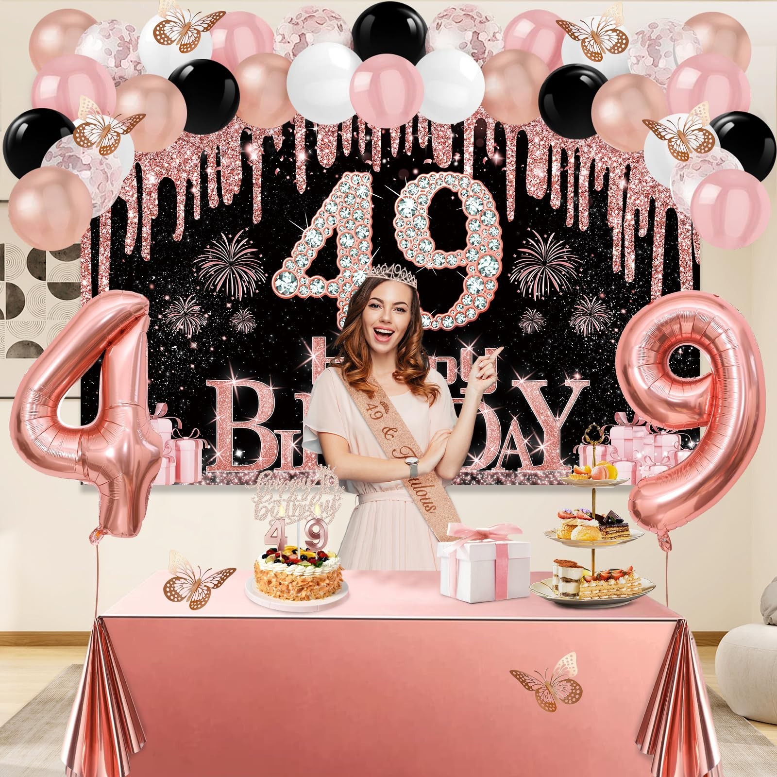 49th Birthday Decorations Set – 49pcs Black & Rose Gold Banner, Sash, Cake Toppe