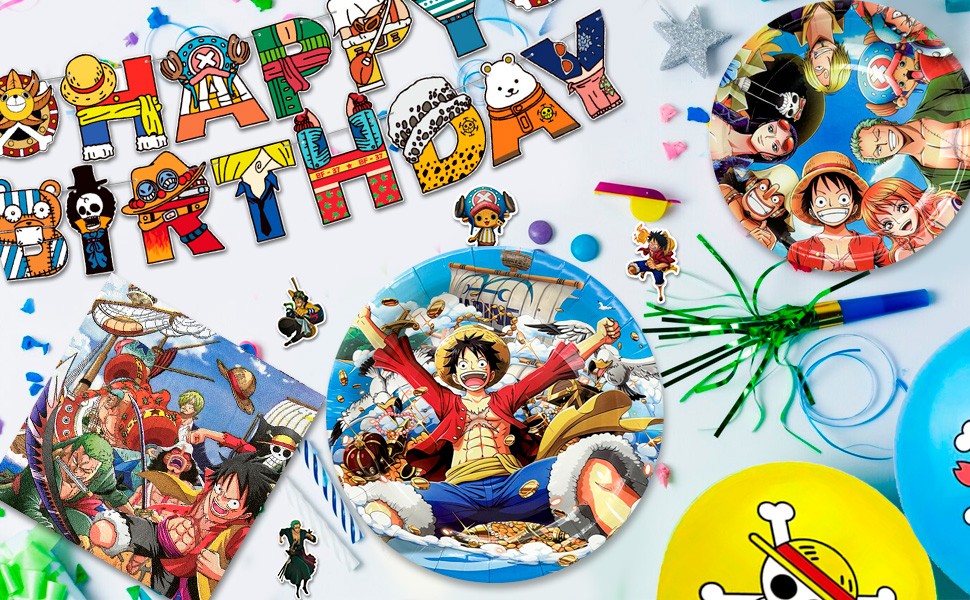 112 Pcs One Piece Party Decorations and Tableware Set Backdrop Plates Banner