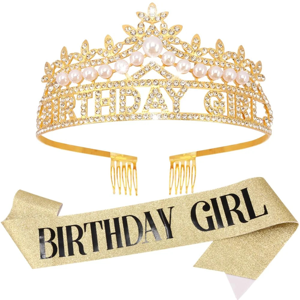 Gold Birthday Girl Crown and Sash, Pearl Birthday Tiara, Gold Birthdays Decorati