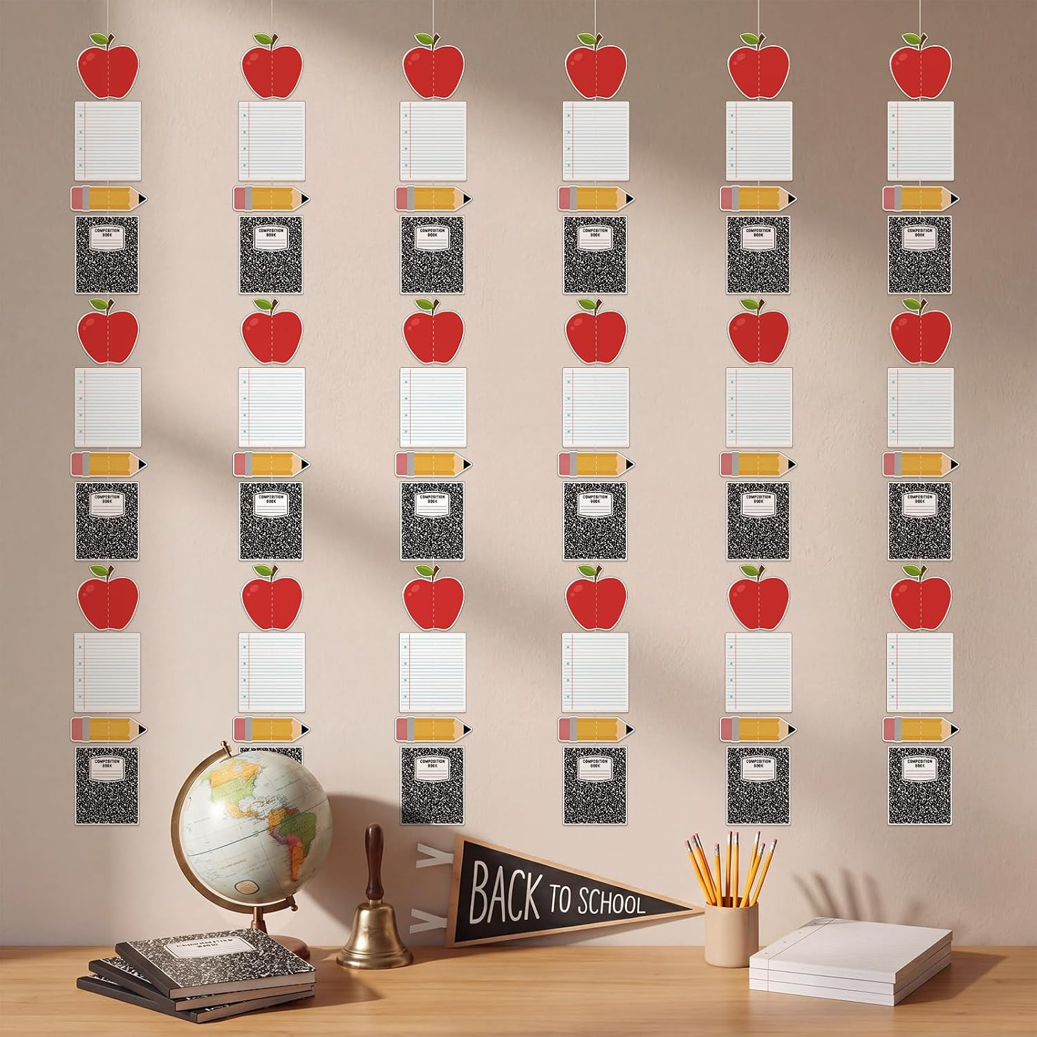 6 Pcs Back to School Garland Decor Pre-Strung Pencil Apple Composition Notebook