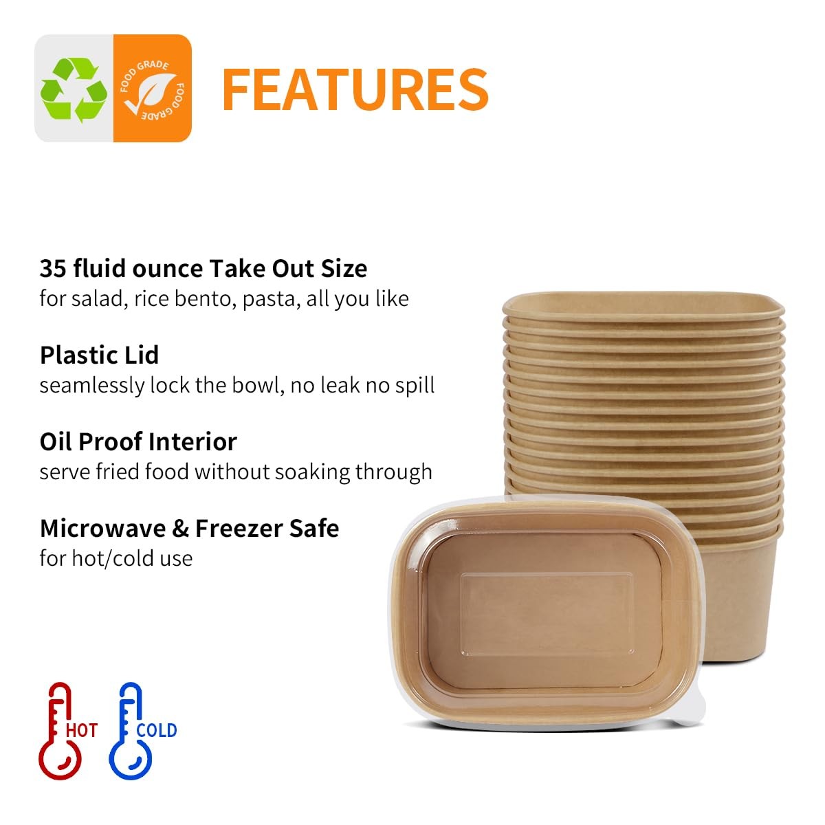 50 Pack 35 oz Paper Food Containers with Lids Paper Meal Prep Containers with…