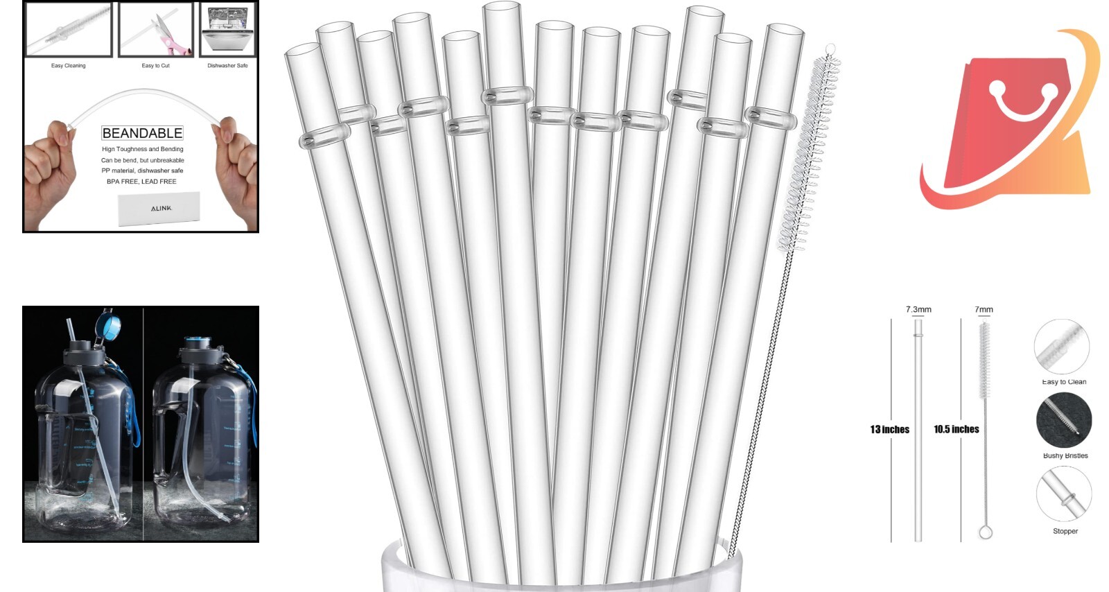 BPA-Free 13 Inch Reusable Clear Straws for 32oz to 1 Gallon Bottles – 12 Pack
