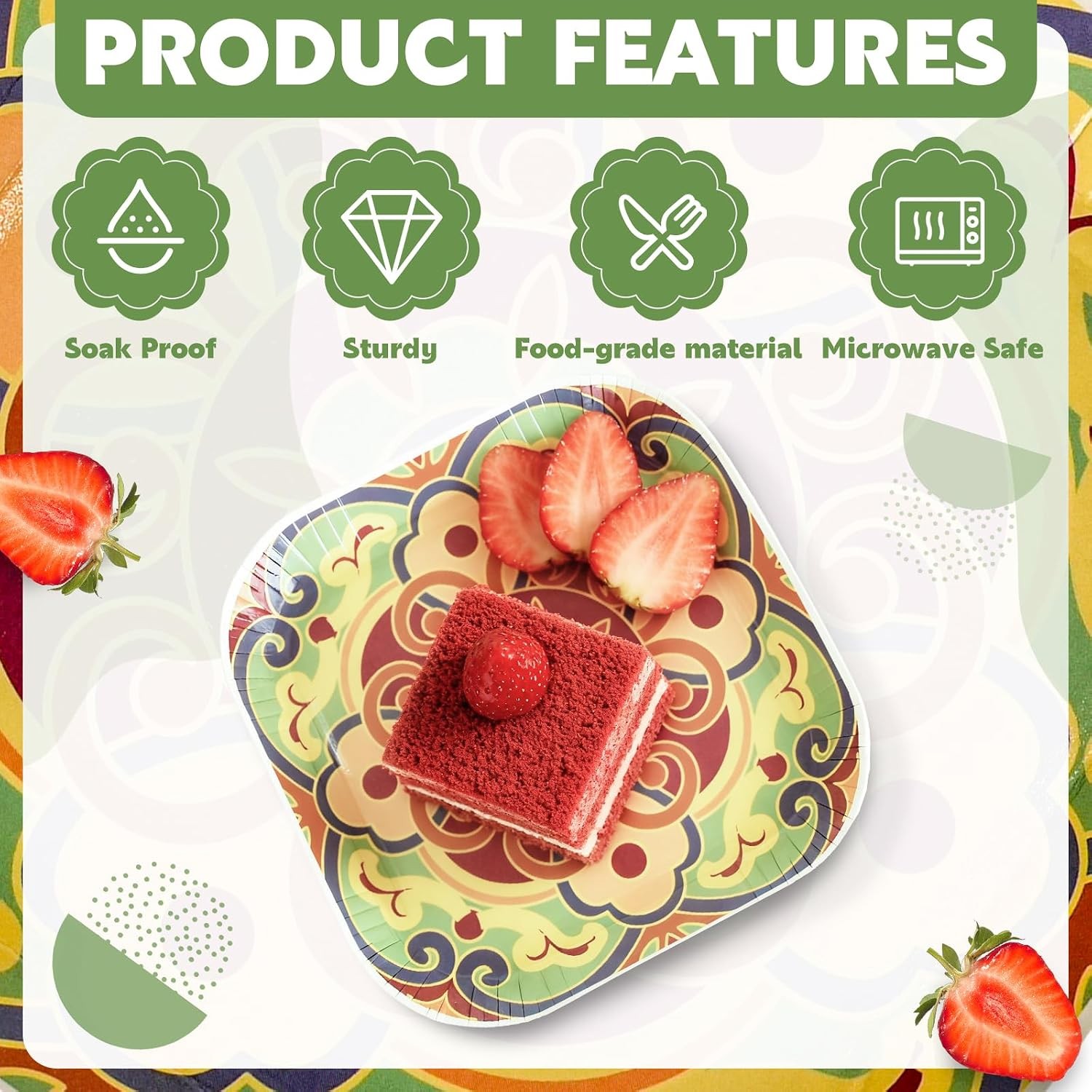 30 Pack Small Paper Plates 5 Inch, Retro Mini Square Paper Plates, Vintage