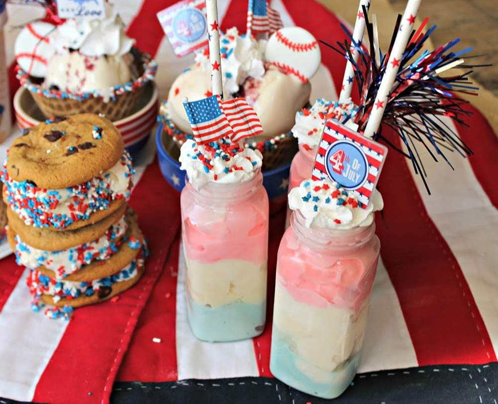 ALINK American Flag Red Blue White Paper Straws, 100 Stripe/Star Biodegradable