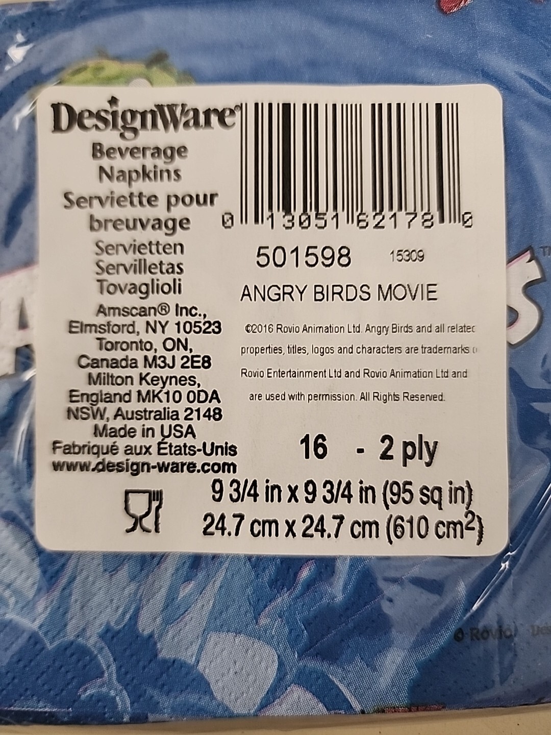 Angry Birds Movie Beverage Napkins 16 Count 2 Ply Blue