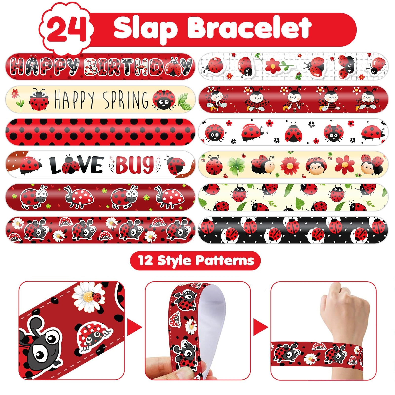 48 PCS Ladybug Party Favors 24PCS Tattoos Sticker 24PCS Slap Bracelets Wristb…