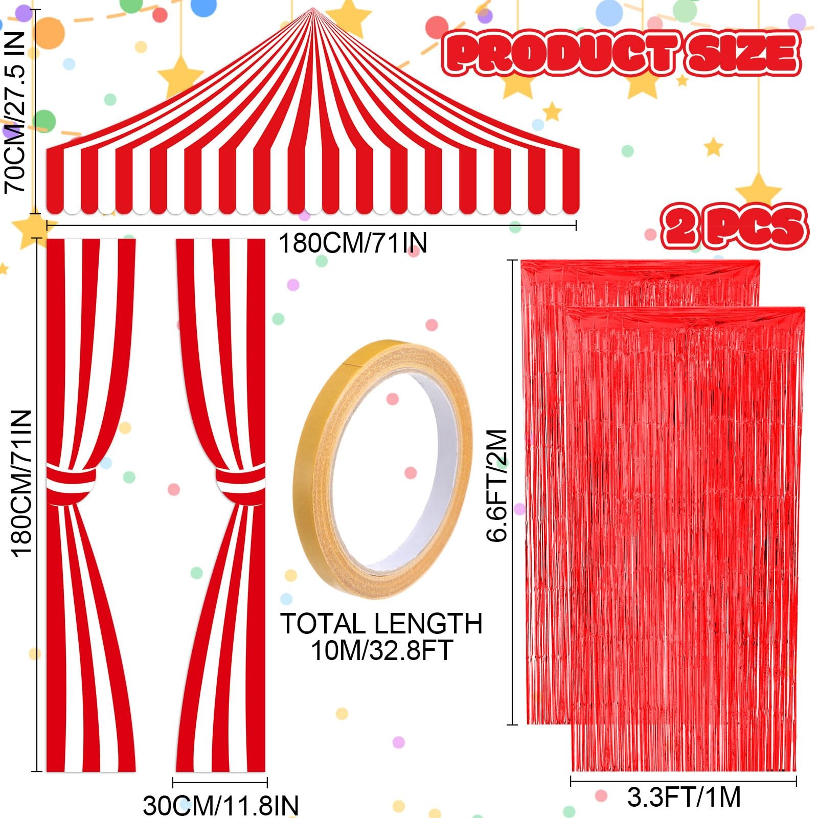 5 PCS Carnival Circus Tent Party Decorations Set Tinsel Fringe Backdrop Red