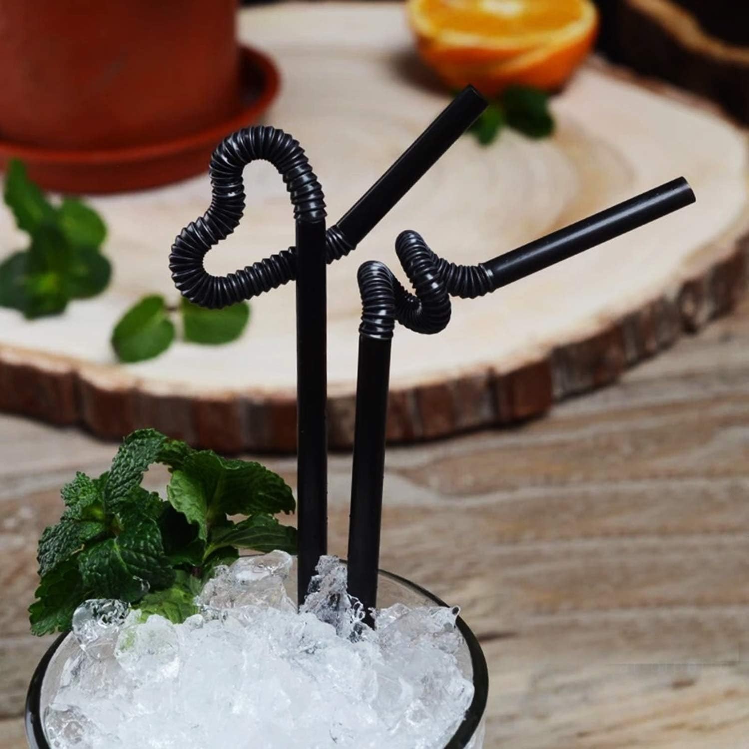 ALINK 200 PCS Flexible Black Plastic Drinking Straws 10.3 Inch Extra Long