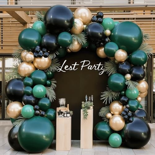 Dark Green and Gold Black Balloon Arch Kit, Double Stuffed Emerald Green Black