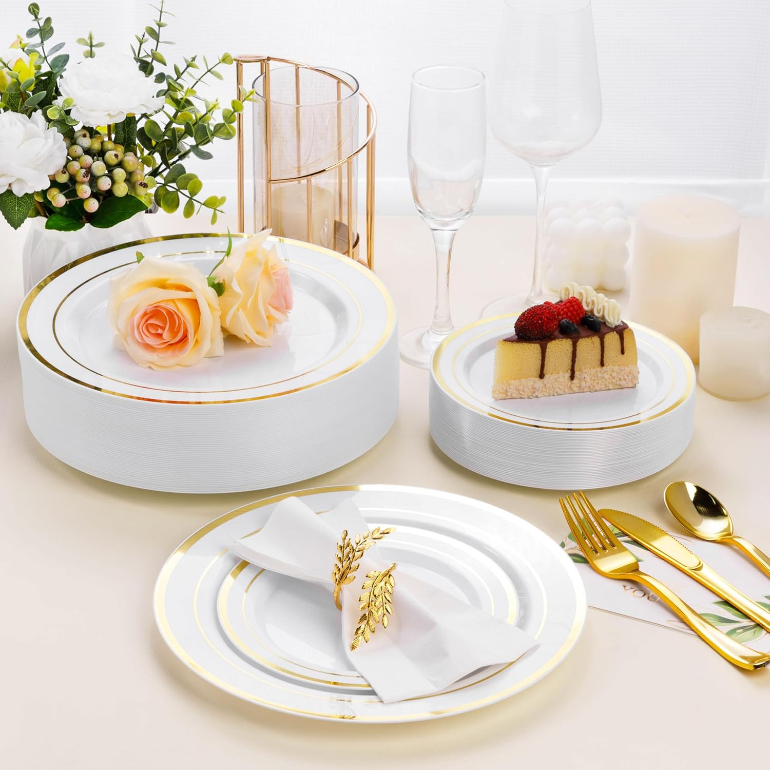 100PCS White Plastic Plates for Party, 10.25 Inch Disposable Plates with Gold Ri