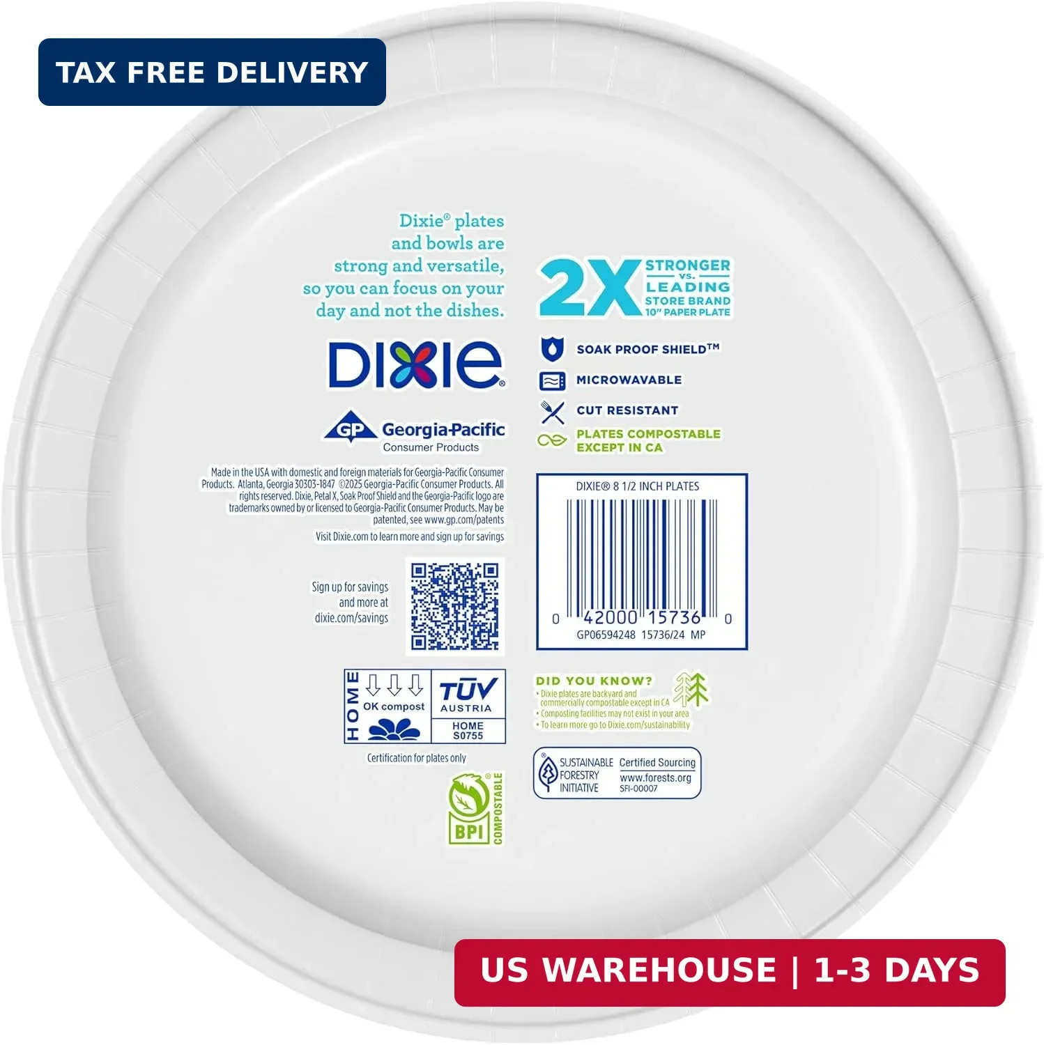 Dixie Medium Paper Plates, 8.5 Inch, 90 Count, 2X Stronger*, Microwave-Safe, Soa