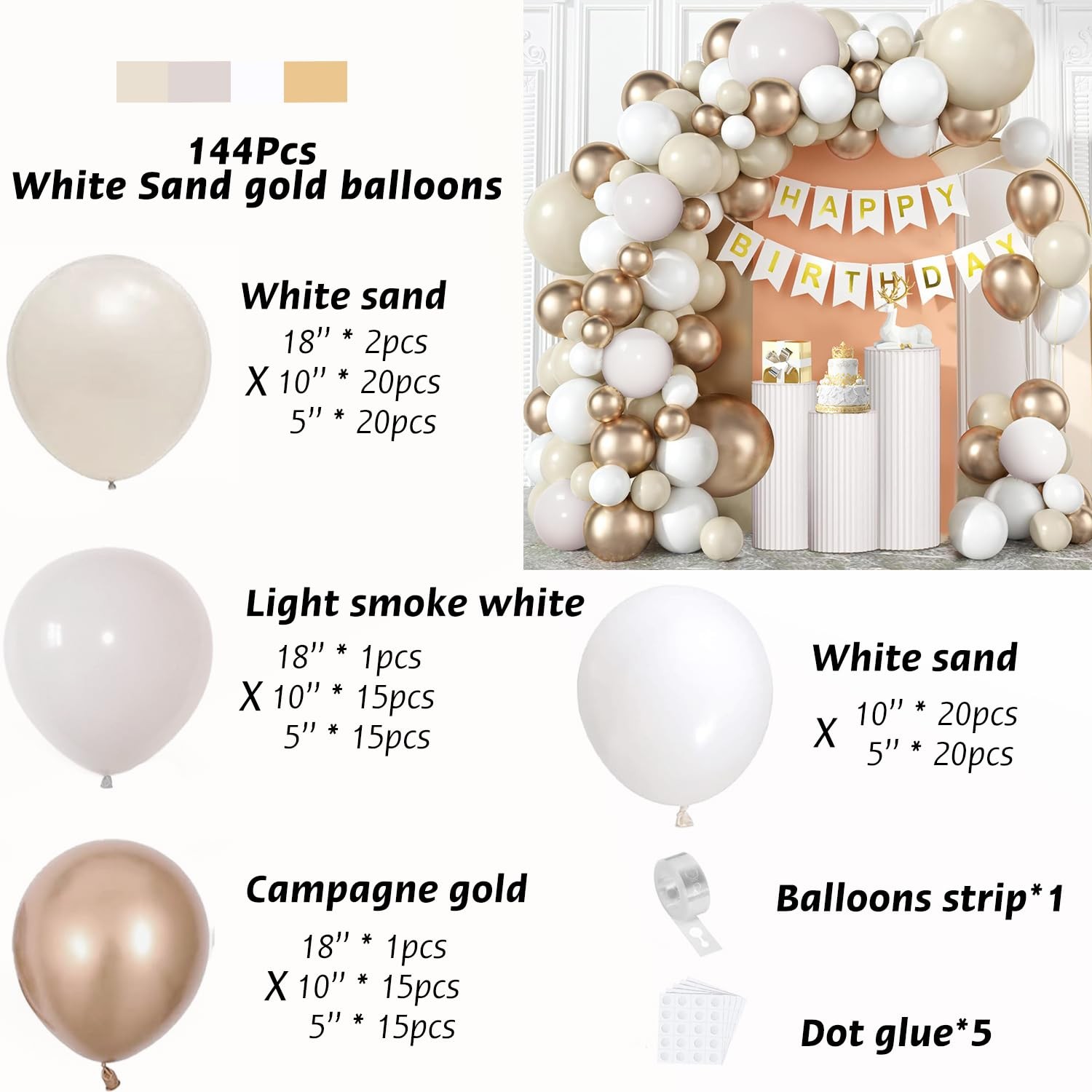 Beige Nude Balloon Garland, Champagne Gold Party Decoions, White