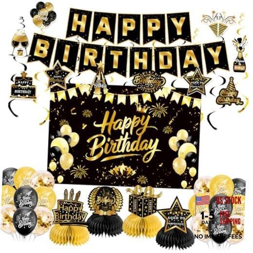 Black Gold Birthday Decorations for Men Women, Pre-Strung Happy Black Gold Set