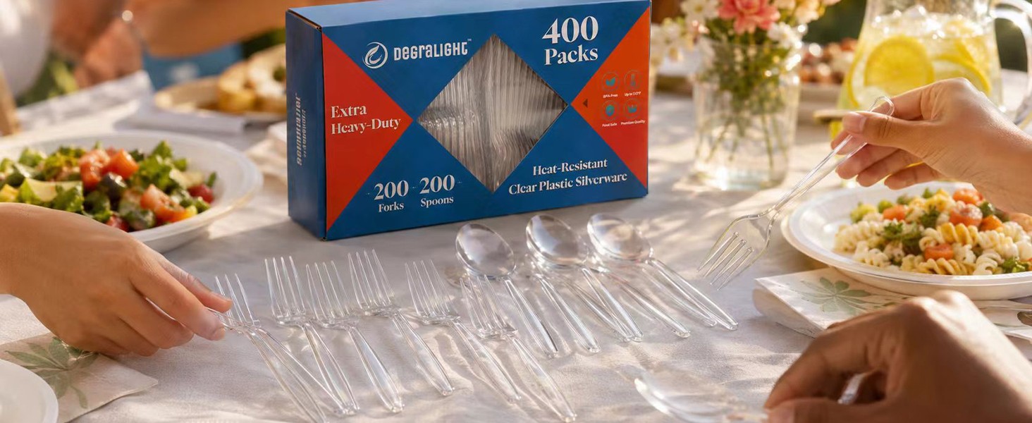 400 Count] Plastic Silverware Set, Extra Heavy Duty Plastic Forks and Spoons,