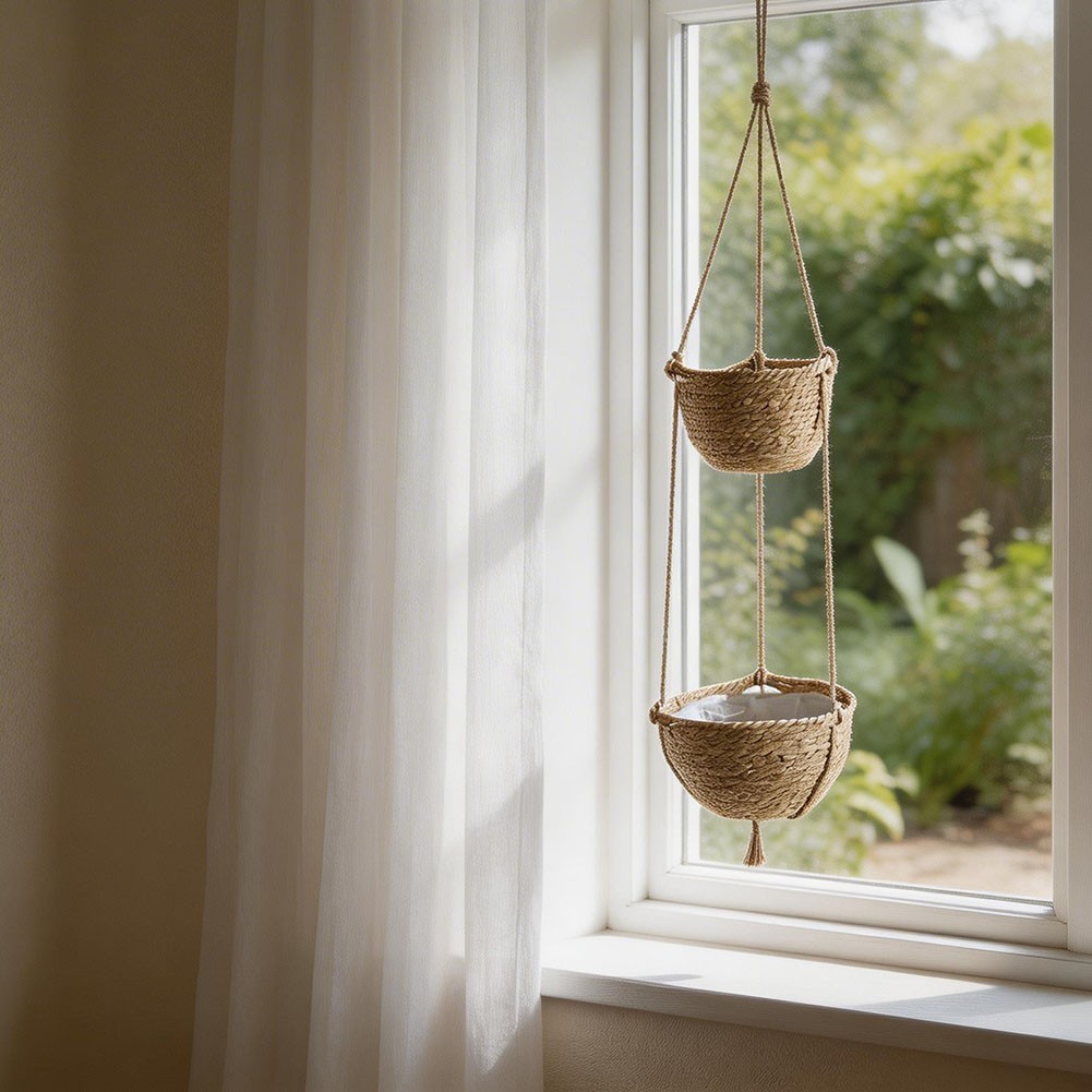 Natural Tone Hanging Plant Basket – Woven Wicker for Contemporary Home Decor