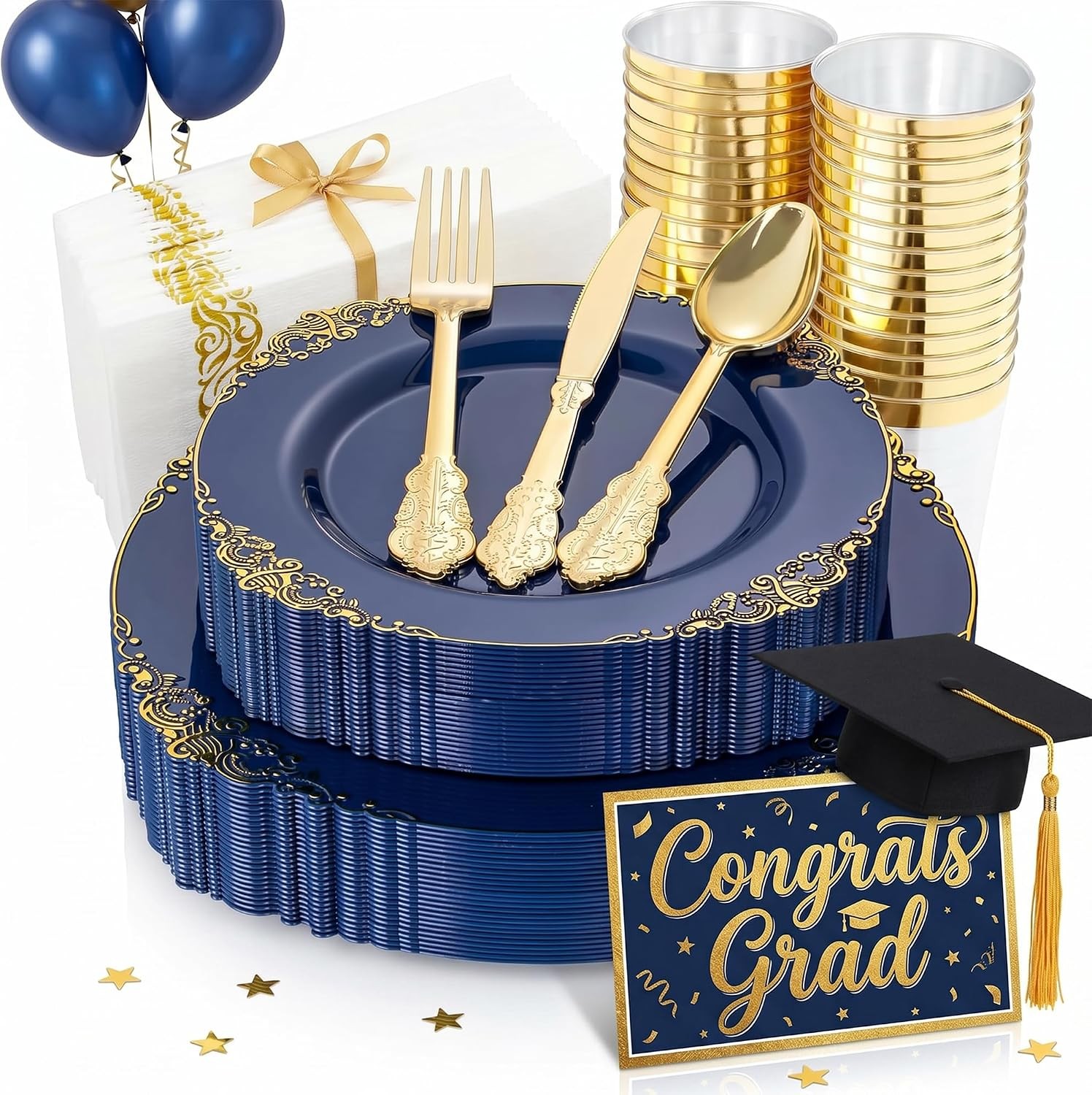 175PCS Blue Plastic Plates – Blue Gold Plastic Dinnerware Set Disposable Include