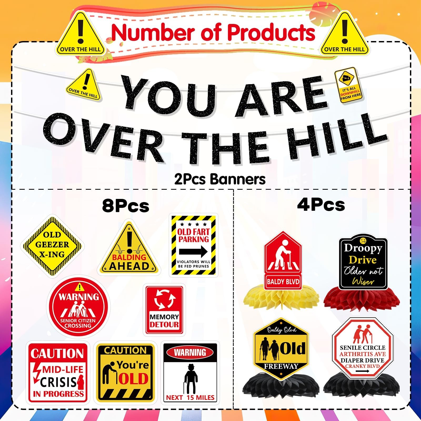 Over The Hill Birthday Decorations Set – 14 Pcs Banners & Swirls for 50th Party
