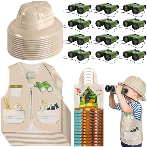 48 Pcs Kids Safari Explorer Costume Set, Vest Hat Binoculars Bag | Jungle
