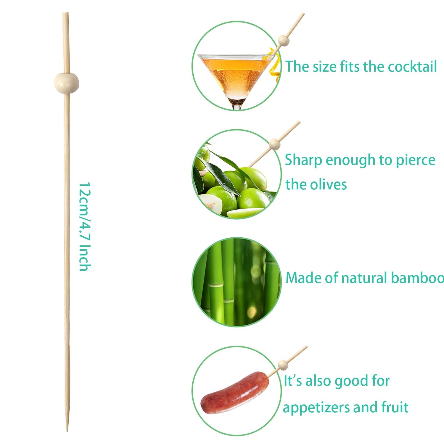 Wooden Cocktail Picks with Beads,200 Pcs 4.7 Inch Natural Bamboo Appetizer