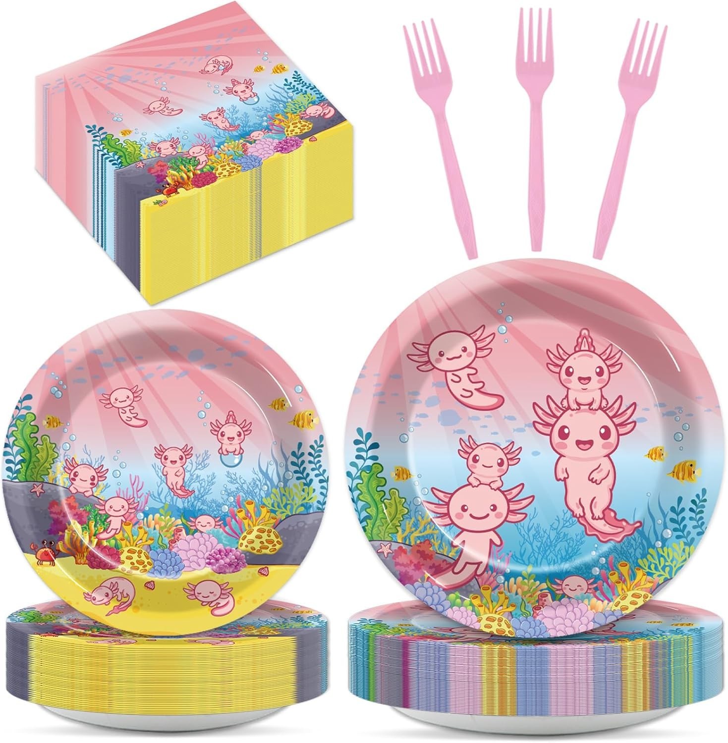 200Pcs Axolotl Plates and Napkins Party Decorations Reptile Animals Tableware Se