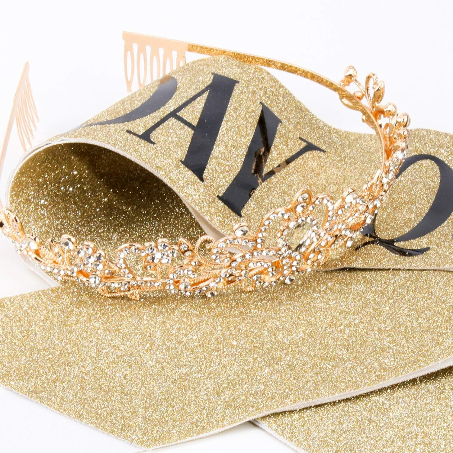 Birthday Queen Sash & Rhinestone Tiara Set Gold Happy Birthday Crowns for Women