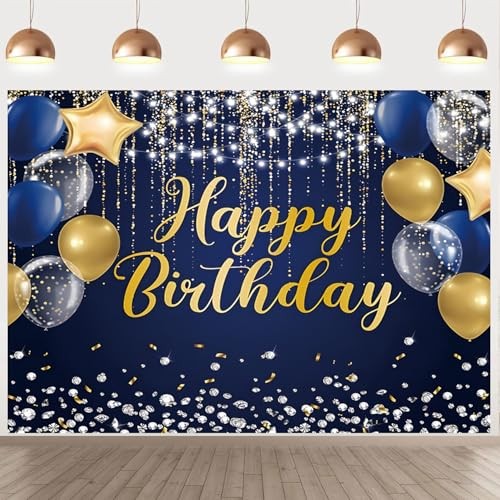 Happy Birthday Backdrop for Men Boys Navy and Gold Happy Birthday 7x5ft Blue