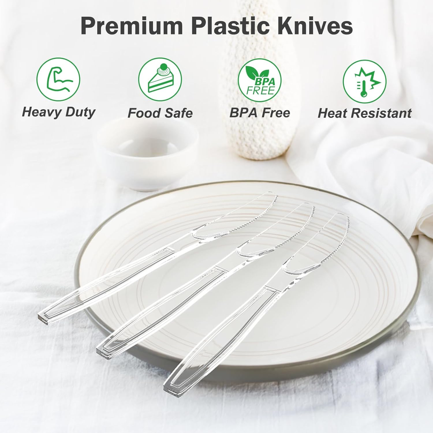 100 Count Extra Heavy Duty Clear Plastic Knives Disposable, Bpa-Free, Heat Resis