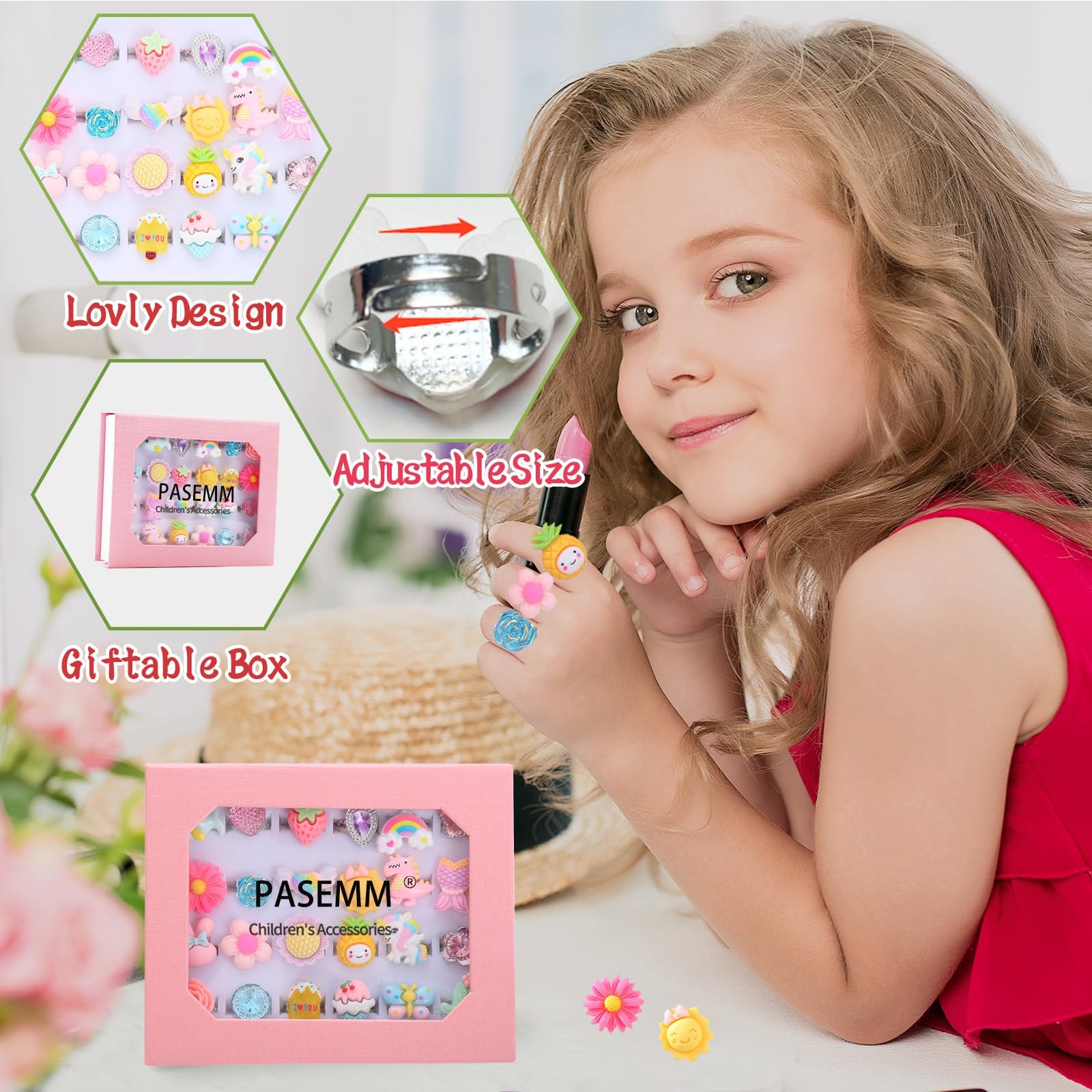 PASEMM 24pcs Little Girl Jewel Rings, Adjustable, No Duplication Kids Play Ri…