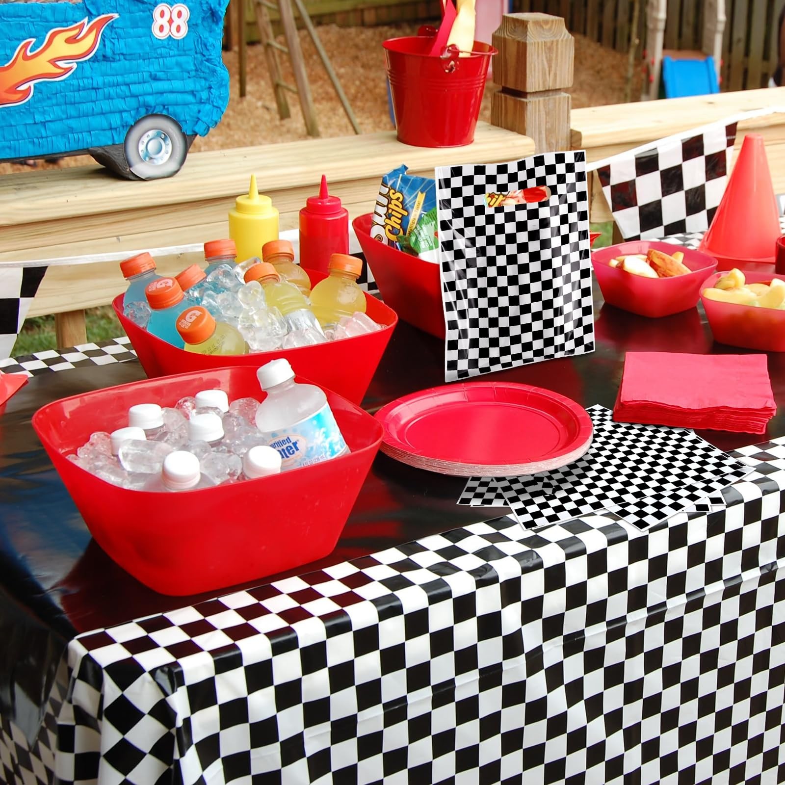 Race Car Theme Party Favors, 50 Plastic Checkered Bags, Black