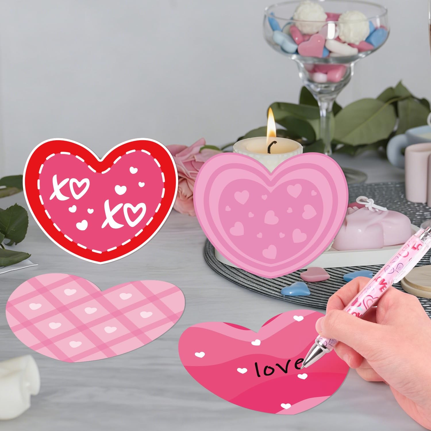 48 PCS 4.7 Inch Valentines Day Pink Heart Paper Cutouts With 160 Glue Points