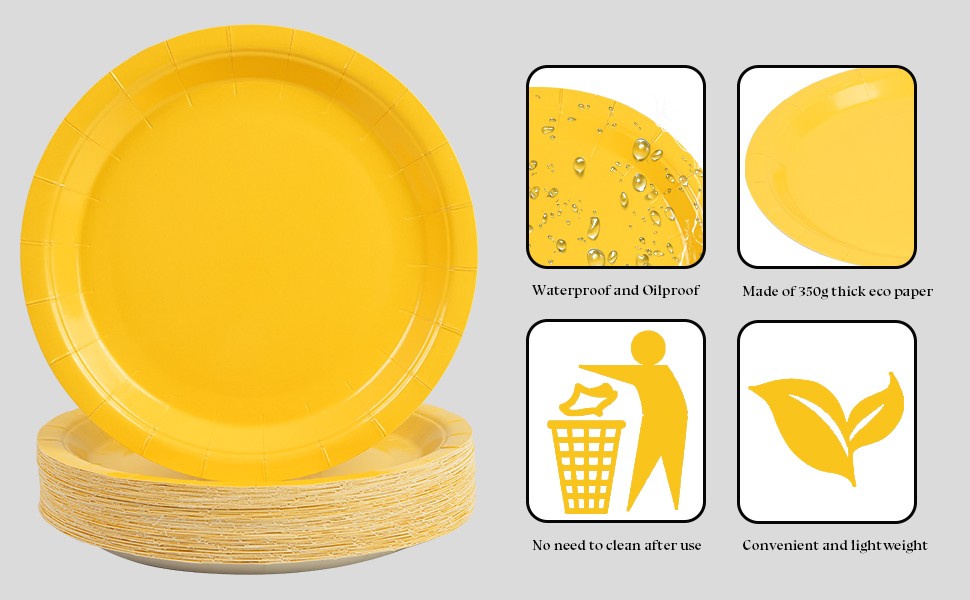 50PCS Solid Yellow Paper Plates – 9Inch Yellow Dinner Plate for Cake Salad Fruit