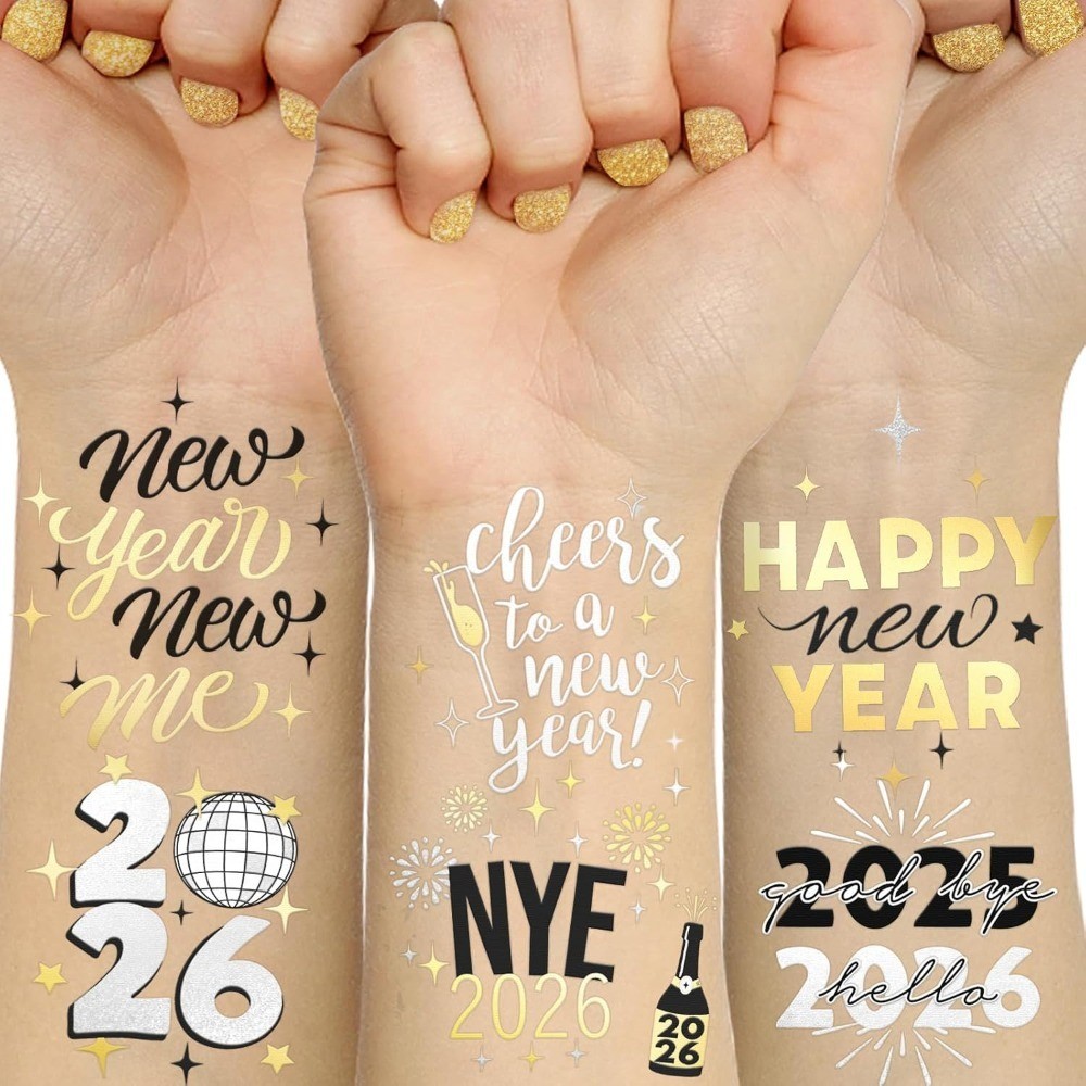 New Years Eve Party Supplies 2026 Temporary Tattoos 40 Gold Silver Foil Styles
