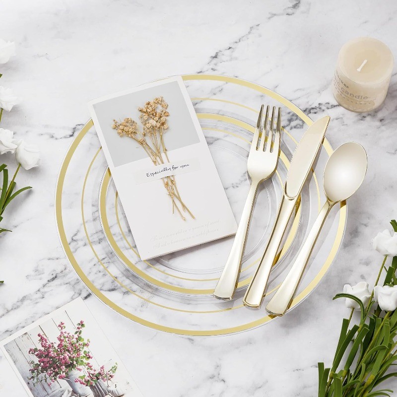 Clear Gold Plastic Plate Set (100 Guests), Plastic Plate