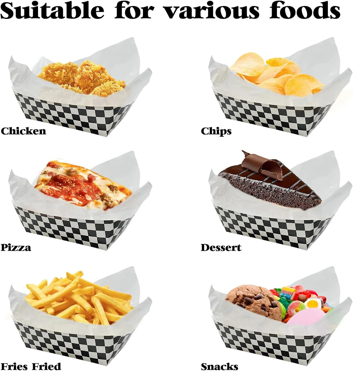 100 Pcs Checkered Race Car Paper Food Trays with 100 Deli Liner, Disposable Pape