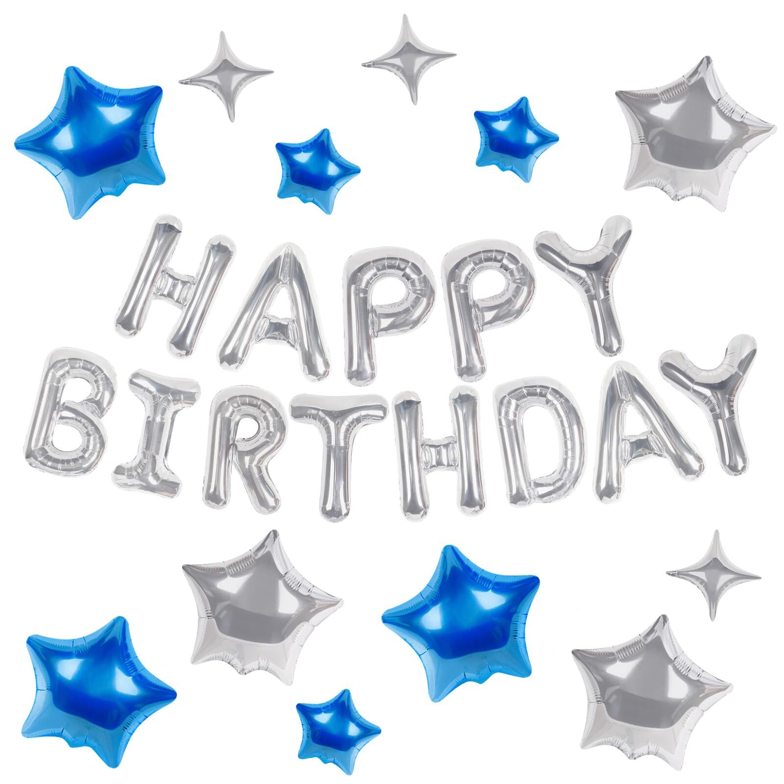 Happy Birthday Banner 13pcs 16-Inch Silver Blue Mylar Letters 12 Star Balloons