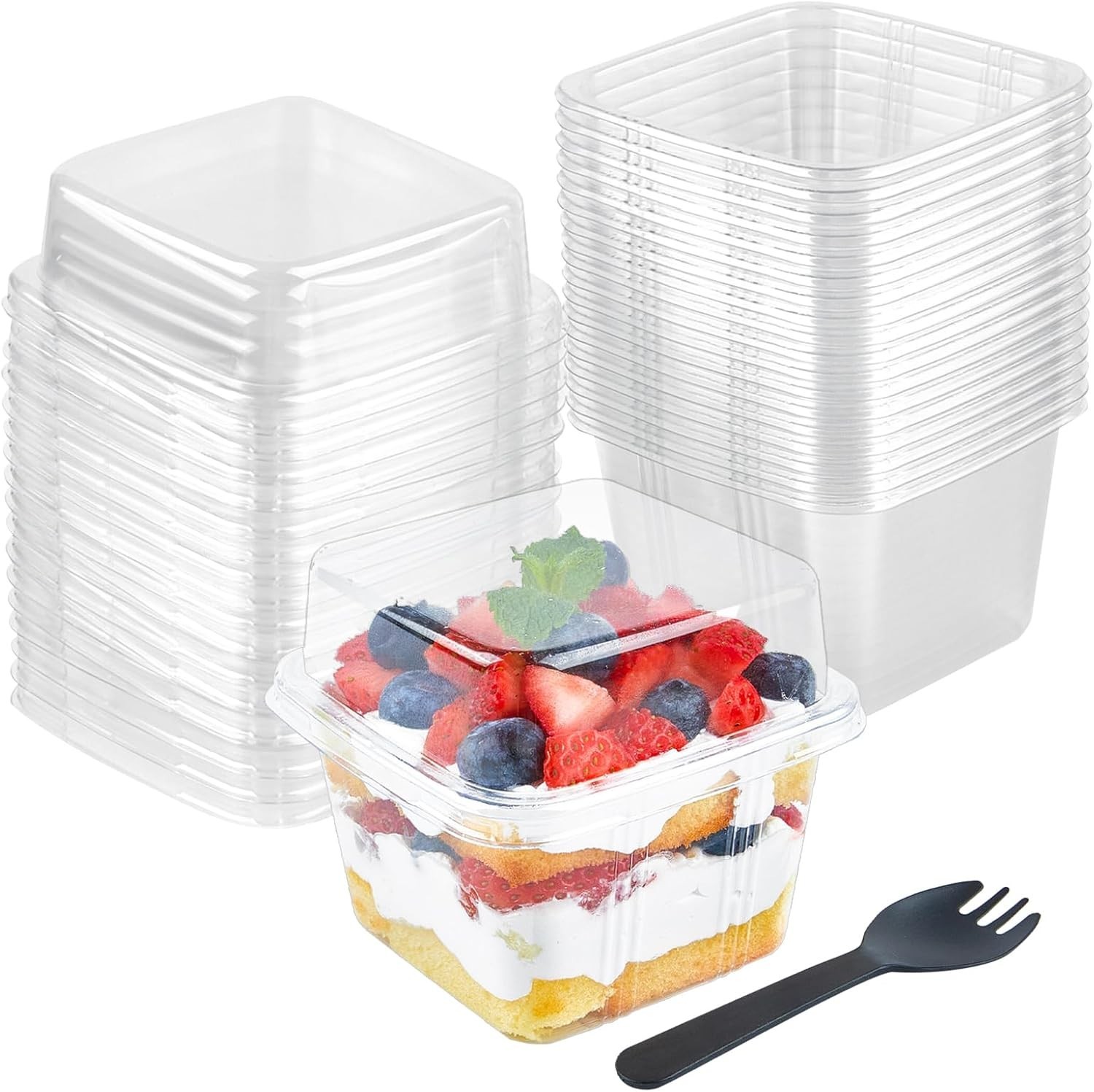 50 Pack 8 oz Square Plastic Dessert Cups with Lids and Sporks, Disposable Cak…