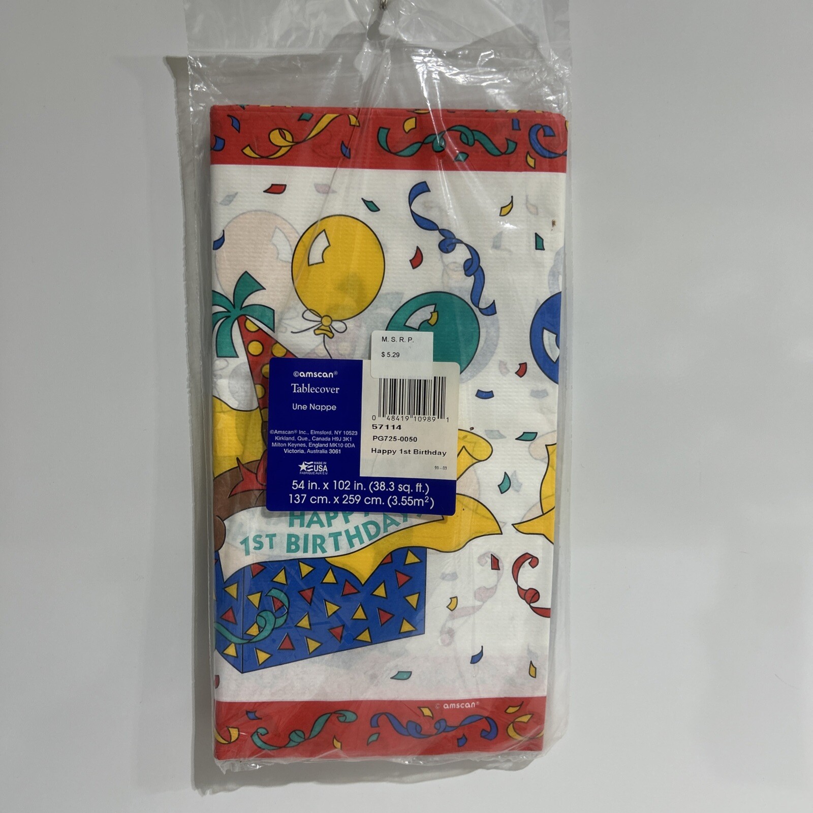 Vintage AMSCAN Happy 1ST Birthday Table Cover Bright Colorful 54″x102″ NEW