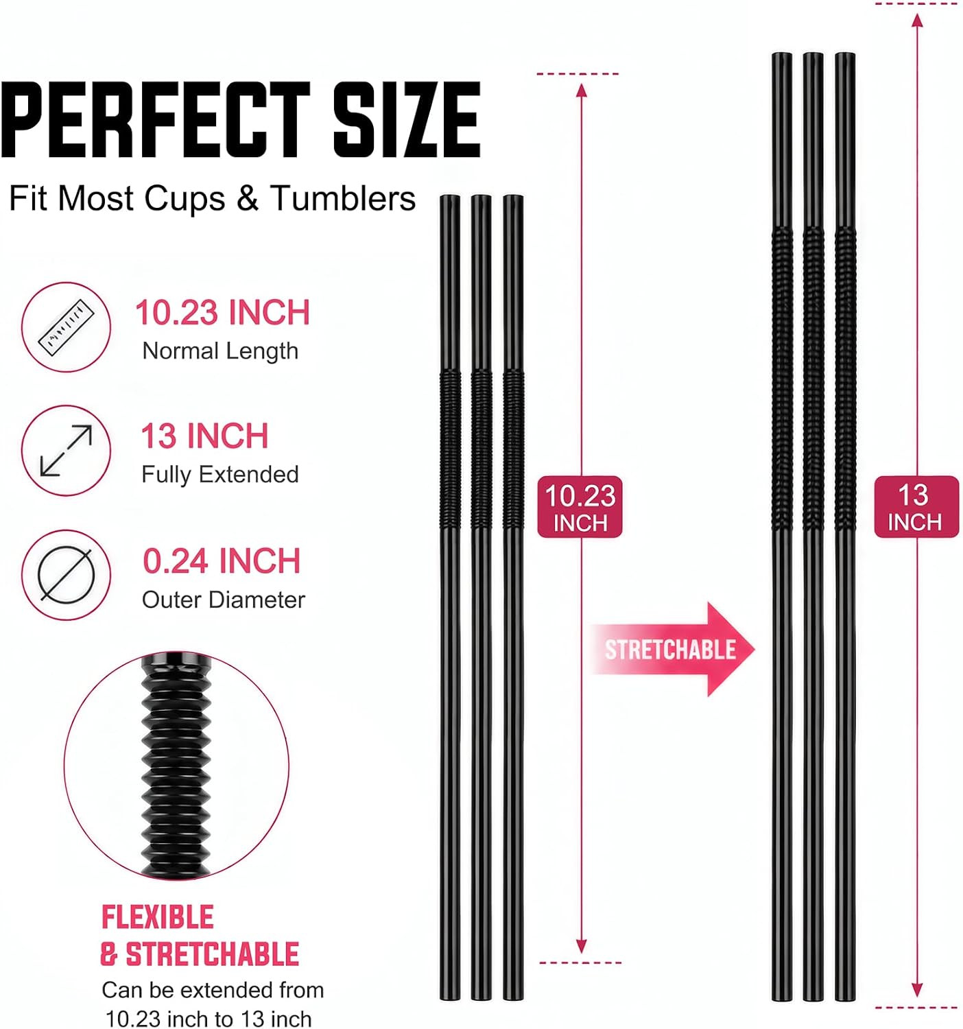 ALINK 200 PCS Black Flexible Plastic Straws, 10.23″ Long Stretch to 13″, 0.24″ D
