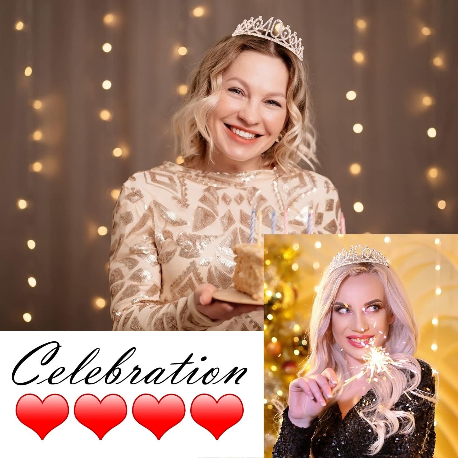 Glamorous 40th Birthday Crown and Sash Set with Rhinestone Tiara & Pearl Pins
