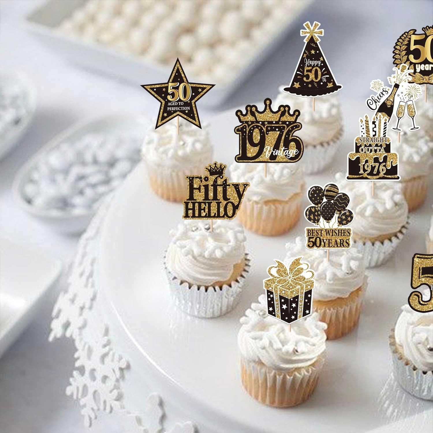 50th Birthday Cupcake Toppers 40 Pack Black Gold Decorations