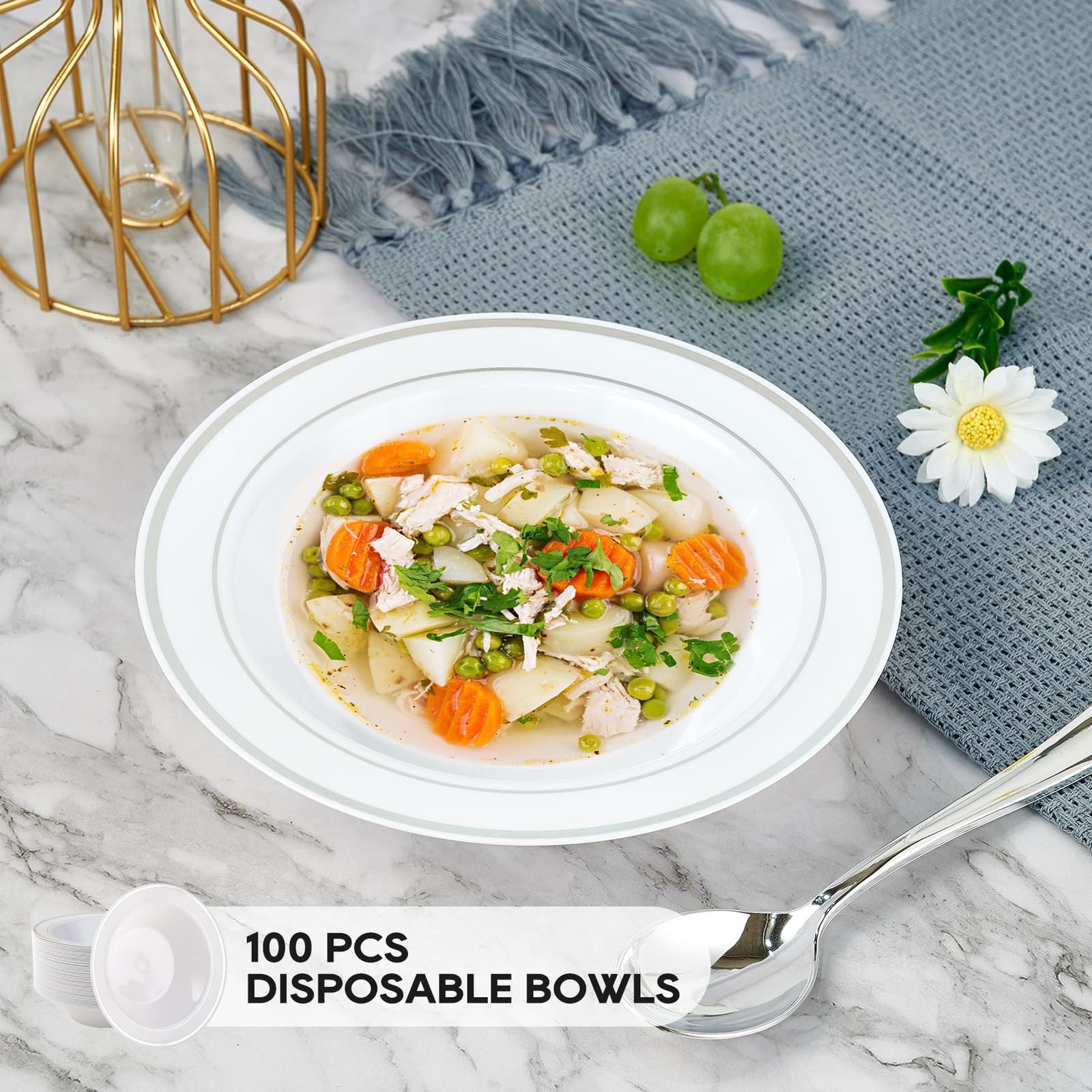 100PCS Plastic Bowls with Silver Rim-12oz Disposable Soup Bowls, Christmas Th…
