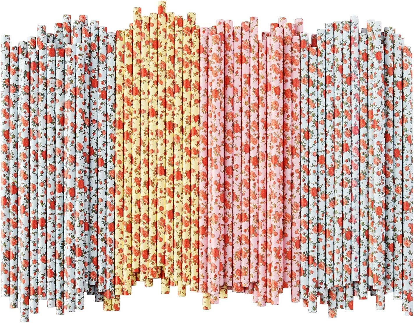 ALINK Floral Paper Straws, Biodegradable 7.75×0.25 Inch (Pack of 100),