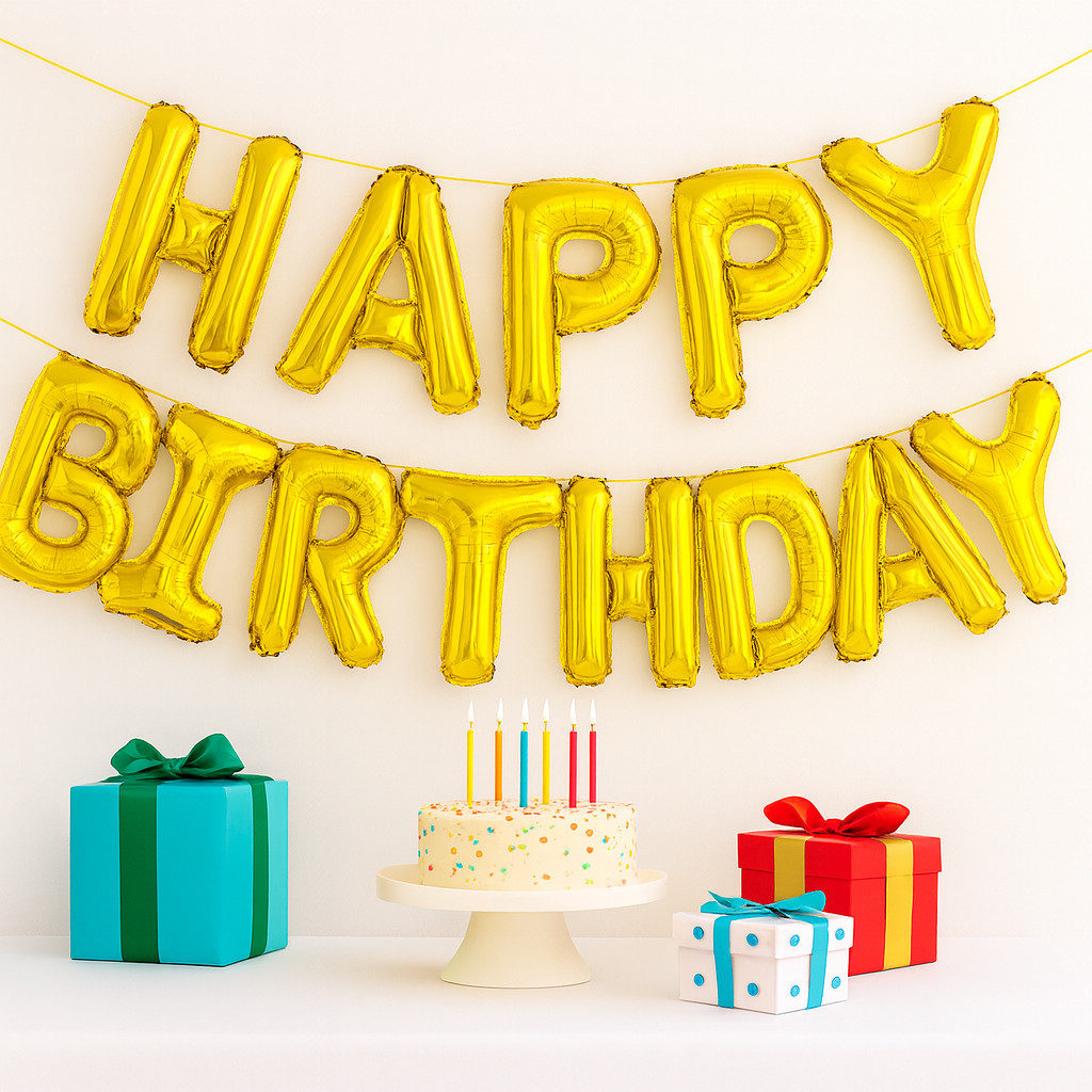 HAPPY BIRTHDAY 16” Balloons Letters Banner Set with Straw & Ribbon – Gold